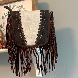 Brown and White Fringe Leather Purse